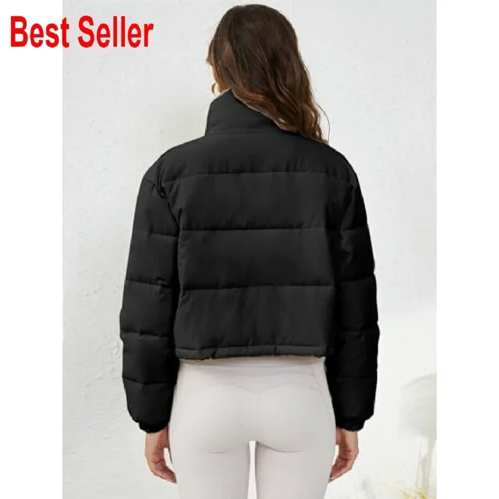 Cropped Puffer Jacket Oversized Quilted Lightweight Stand Collar Zip Up